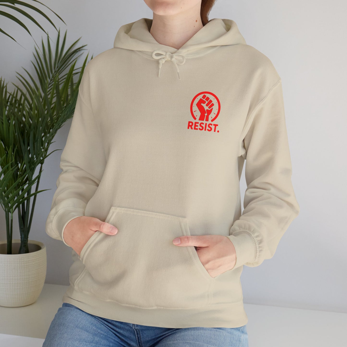 RESIST. Unisex Hooded Sweatshirt - Back Protesters - Front Logo