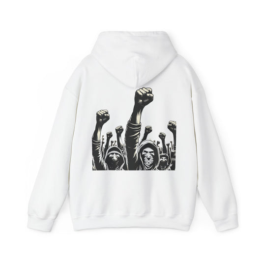 RESIST. Unisex Hooded Sweatshirt - Back Protesters - Front Logo